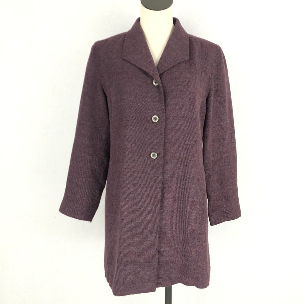 J. Jill Women's Size 6 Purple Wool Blend Tweed Knit Three Button Front Overcoat